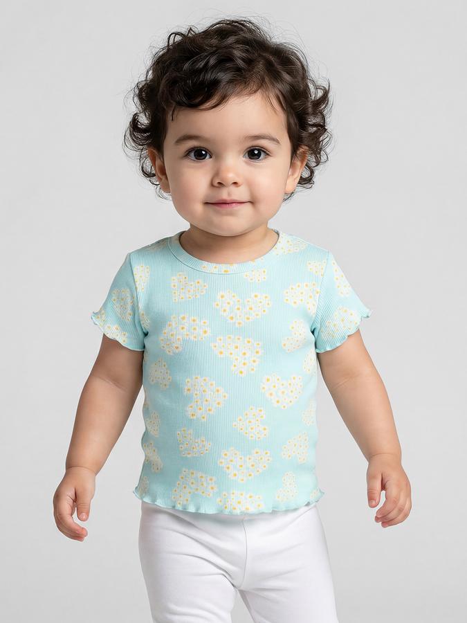 R&B Multi Floral Print Girls Round Neck Regular Fit Short Sleeves T-Shirt 
