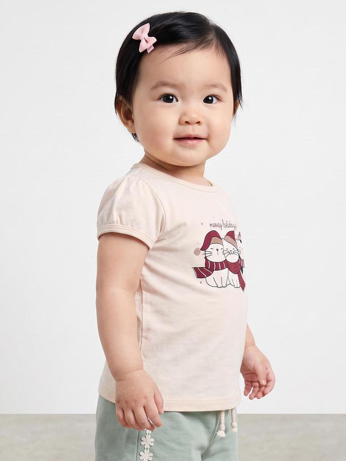R&B Girls Beige Graphic Print Short Sleeves Round Neck Pure Cotton T-Shirt