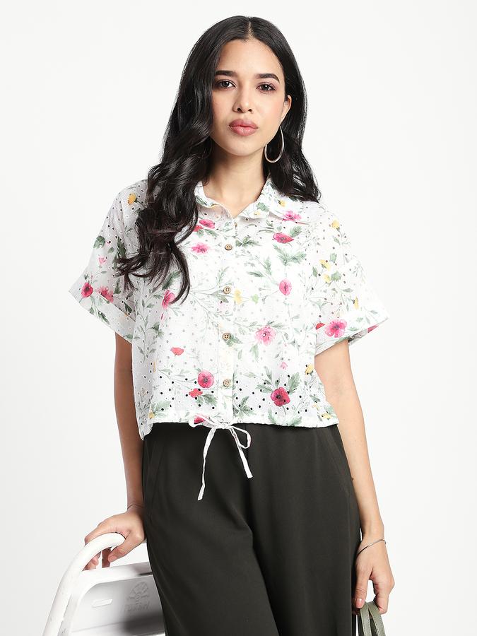 R&B Women Ivory Floral Print Drawstring-Hem Top