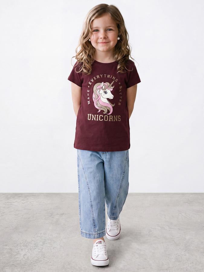 R&B Girls Red Unicorn Graphic Print Short Sleeves Tshirt
