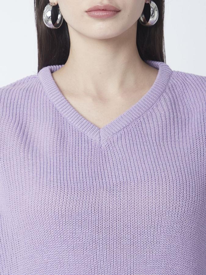 R&B Women Purple V-Neck Solid Long Sleeves Sweater
