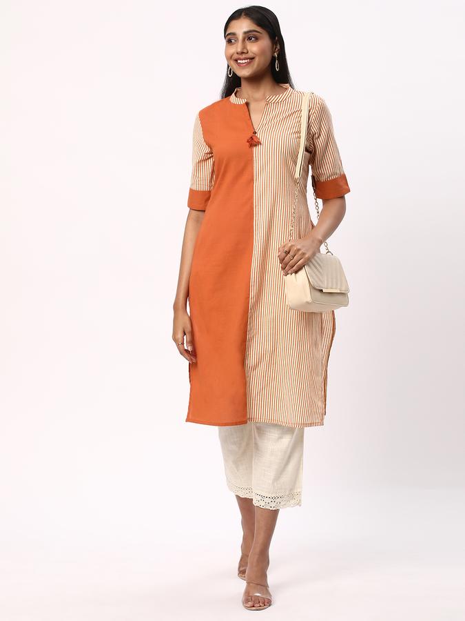 Women Cotton Flax Straight Fit Mandarin Collar Stripes Kurta