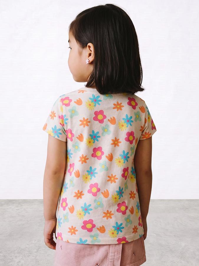 R&B Girls Beige Floral Print Short Sleeves Round Neck Pure Cotton T-Shirt
