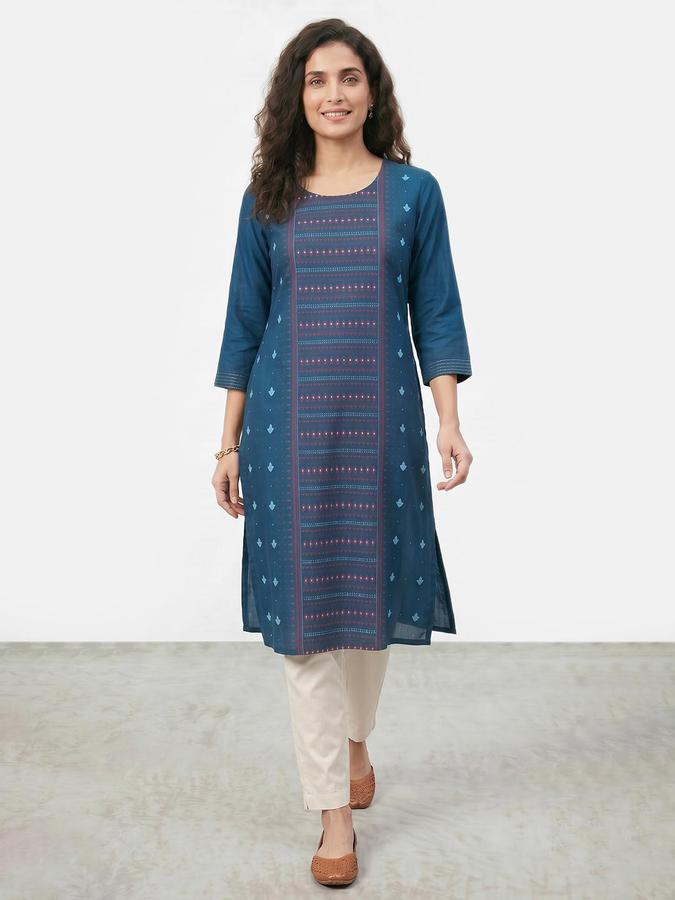 R&B Women Blue Printed Round Neck Three-Quarter Sleeves Calf Length Straight Kurta 