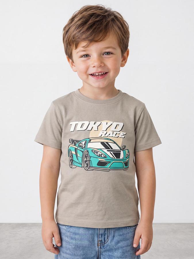 R&B Boys Beige Short Sleeve Round Neck Car Graphic Print T-Shirt