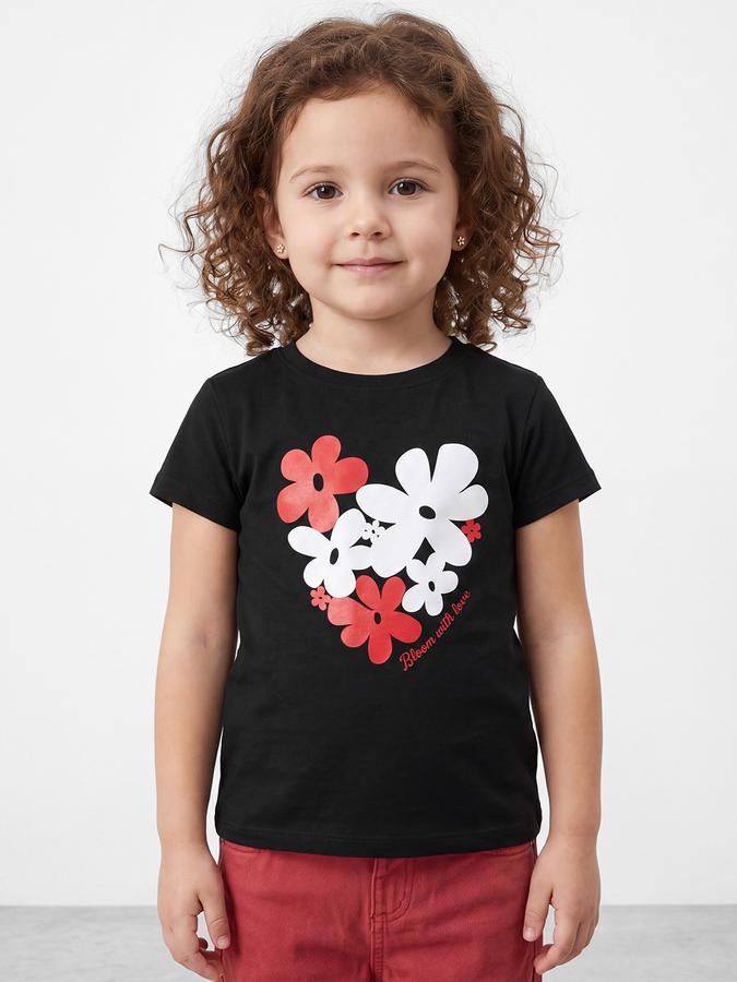 R&B Girls Black Floral Print  Short Sleeves Pure Cotton T-shirt