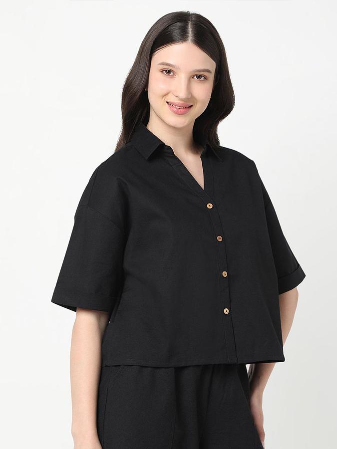 R&B Women Black Solid Half Sleeves Cuban Collar Shirt