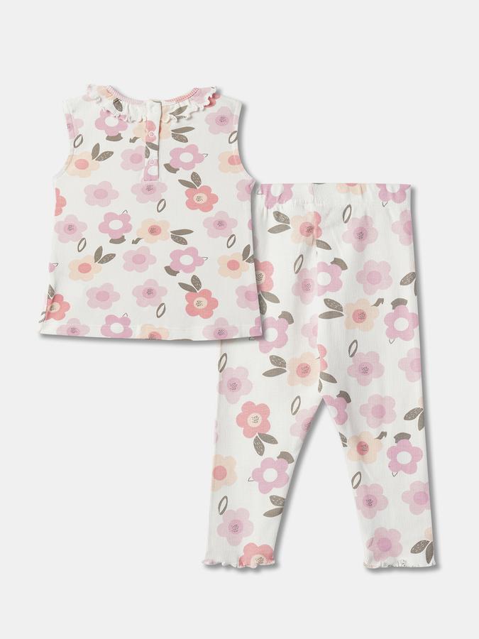 Girls Floral Print Round-Neck Top & Pants Set image number 1
