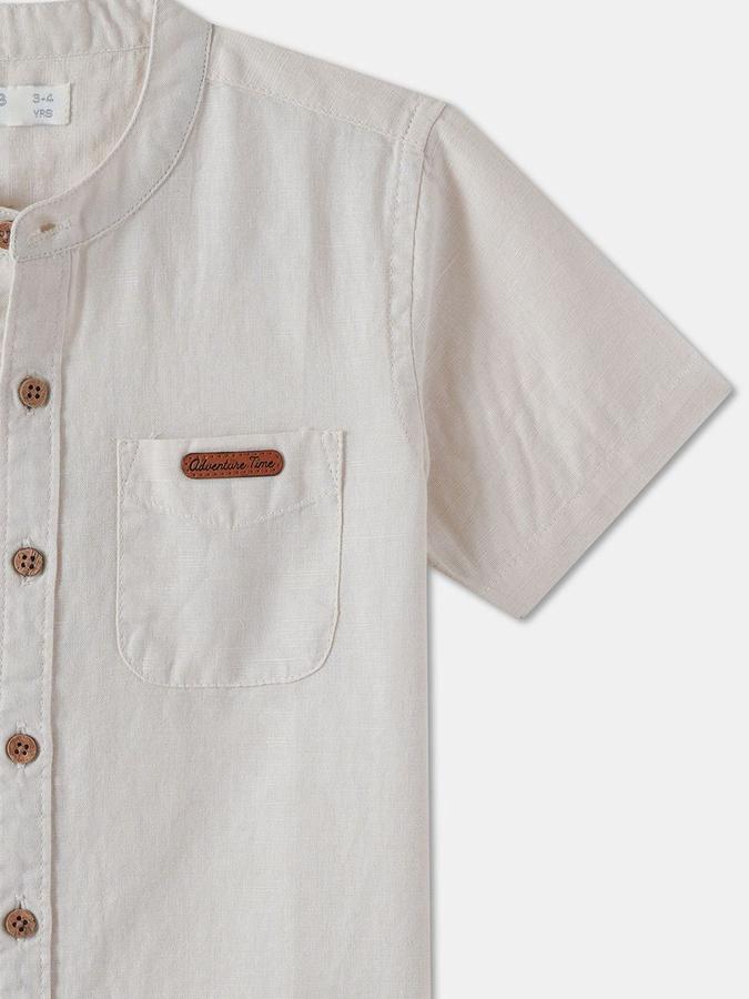 R&B Boys Beige Solid Half Sleeves Mandarin Collar Relaxed Fit Shirt