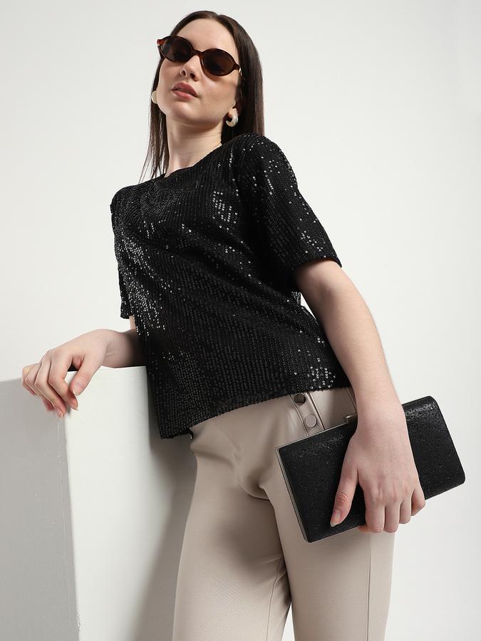 Women Polyester Regular Fit Round Neck Sequined Top