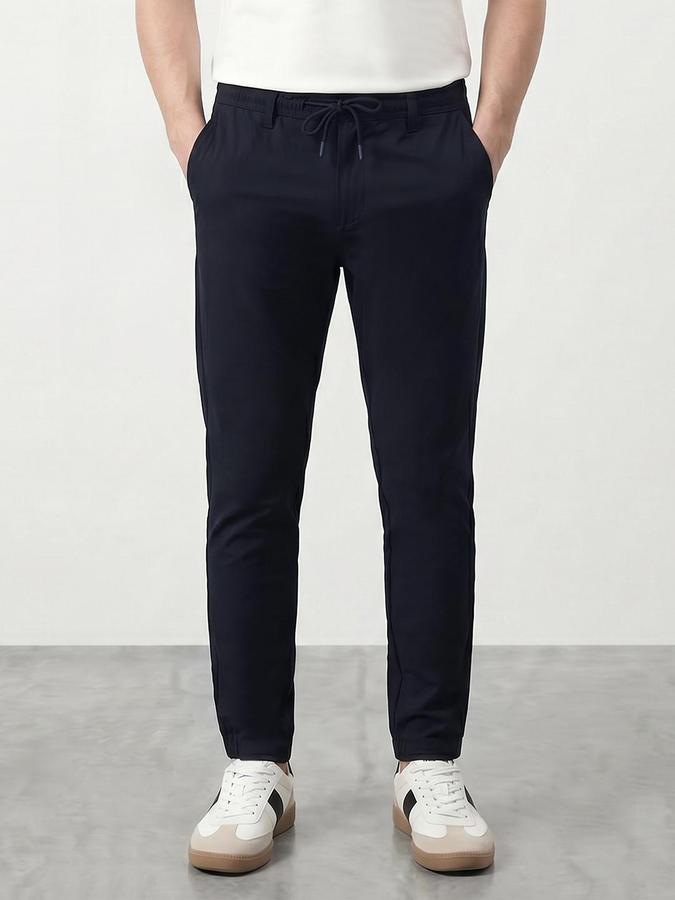 R&B Men Navy Blue Solid Relaxed Fit Trouser