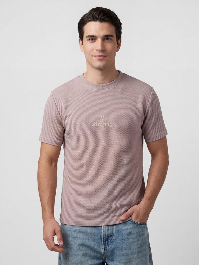 R&B Pink Self Design Men Round Neck Regular Fit Short Sleeves T-Shirt 