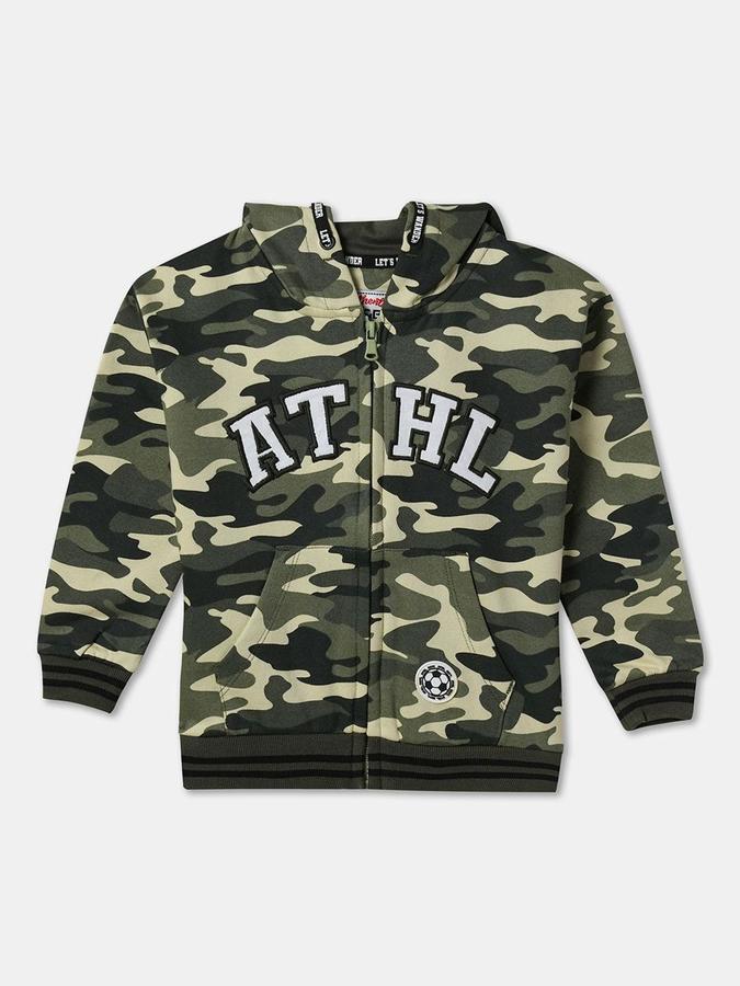 R&B Boys Olive Full Sleeves Camouflage Hooded Neck Zipper Jacket