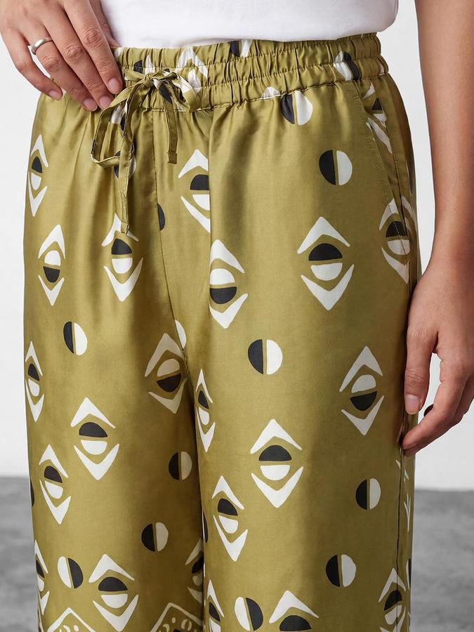 R&B Women's Moss Green Printed Wide Leg Trousers