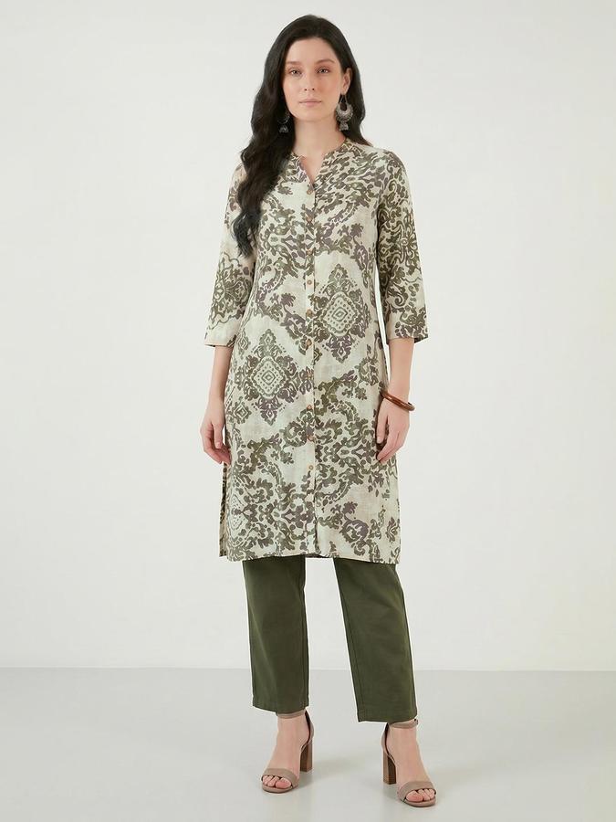 R&B Rayon Off White Printed Mandarin Collar Women Kurtas
