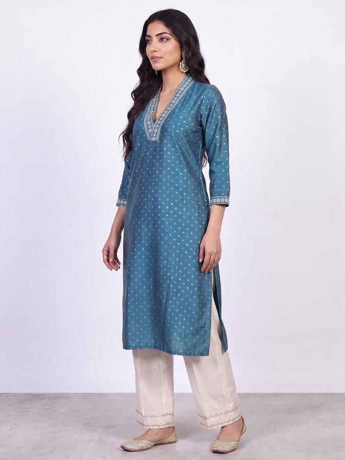 R&B Women Teal Blue Embroidered V-Neck Three-Quarter Sleeve Ikat Kurta