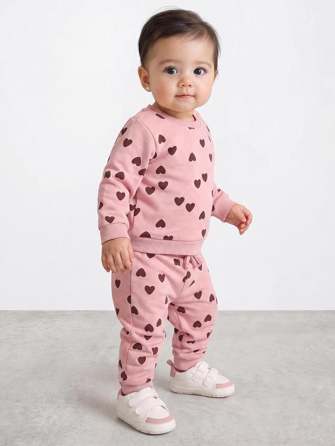 R&B Girls Peach All Over Heart Print Sweatshirt and Pant Night Suit