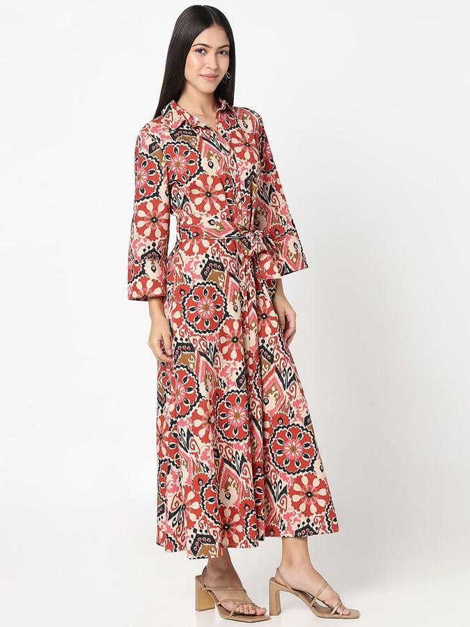 R&B Women Red Paisley Long Sleeves Shirt Collar Maxi Shirt Dress