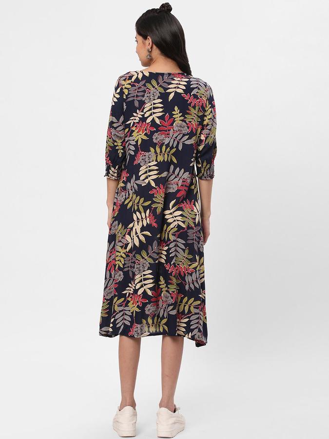 R&B Women Blue Floral Three-Quarter Sleeves Round Neck Midi A-Line Ethnic Dress