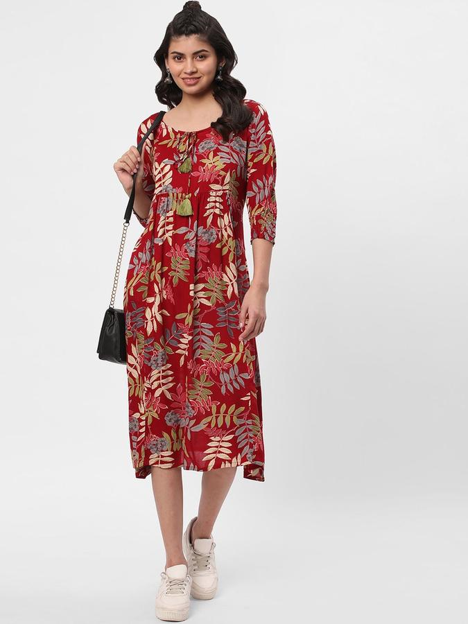 R&B Women Red Floral Three-Quarter Sleeves Round Neck Midi A-Line Ethnic Dress