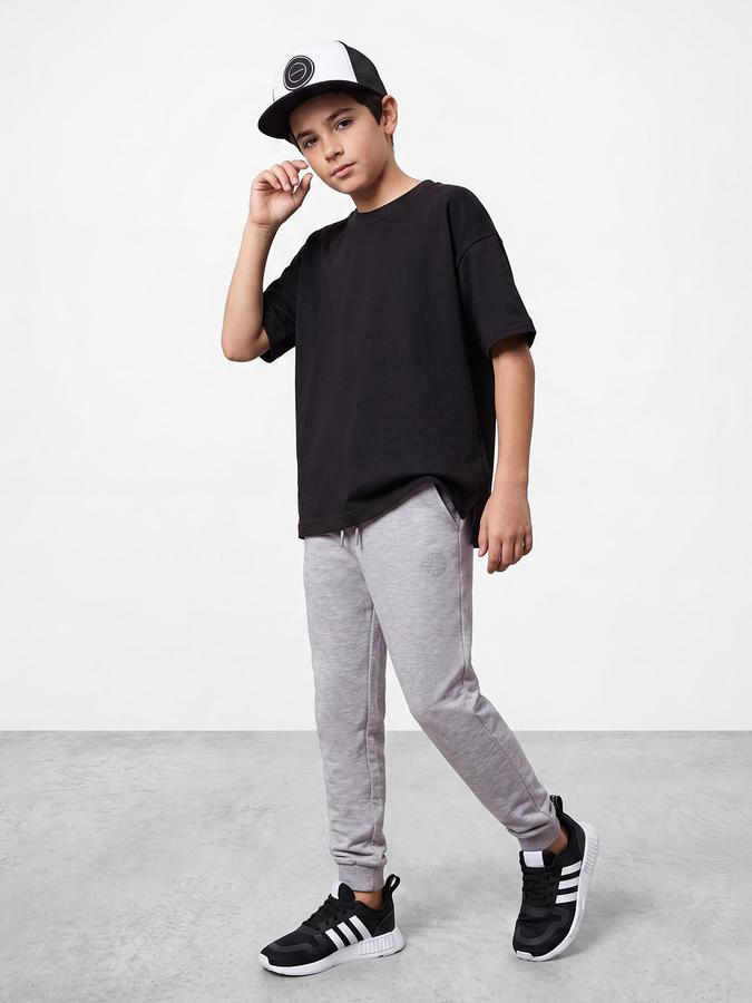 R&B Boys Grey Melange Printed Pure Cotton Mid Rise Joggers
