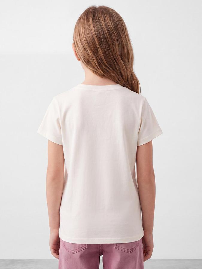 R&B Girls Egret Cream Graphic Print Short Sleeves Round Neck Pure Cotton T-Shirt