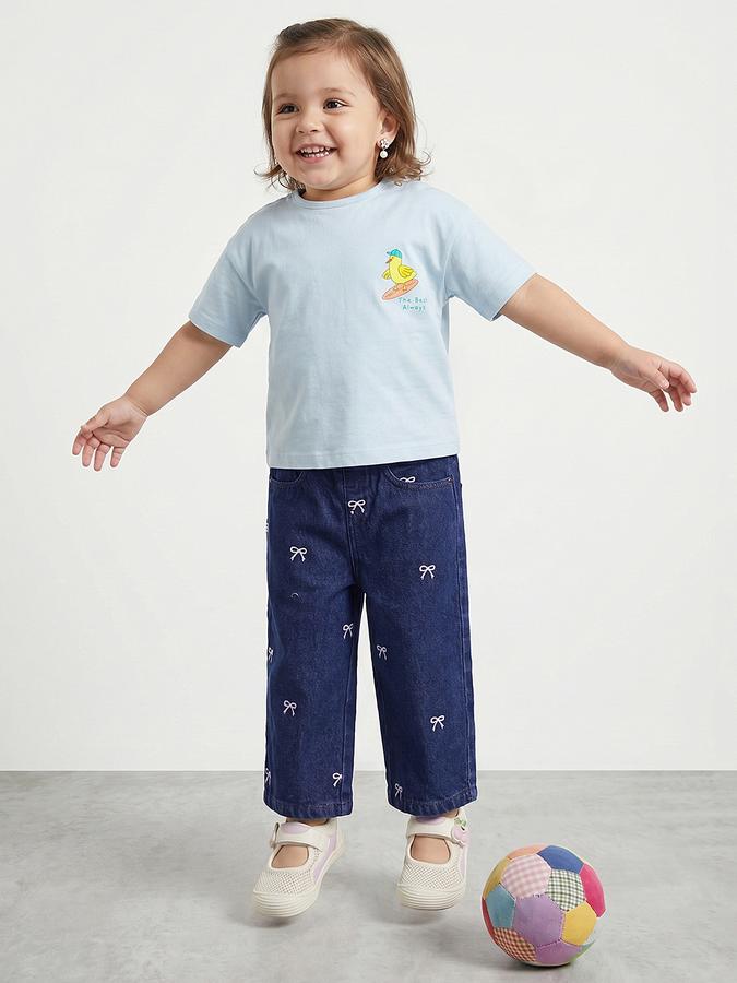 R&B Girls Blue Regular Fit Embroidered Mid-Rise Cotton Jeans