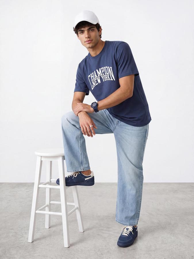 R&B Men Light Blue Typography Printed Pure Cotton Short Sleeves Tshirt