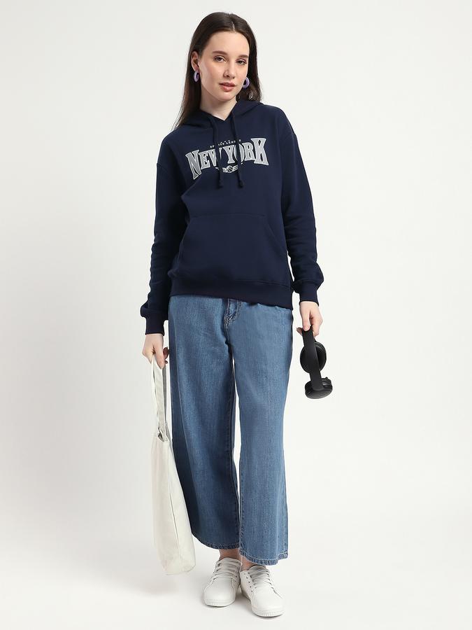 Women Cotton Blend Relaxed Fit Hooded Typographic Sweatshirt