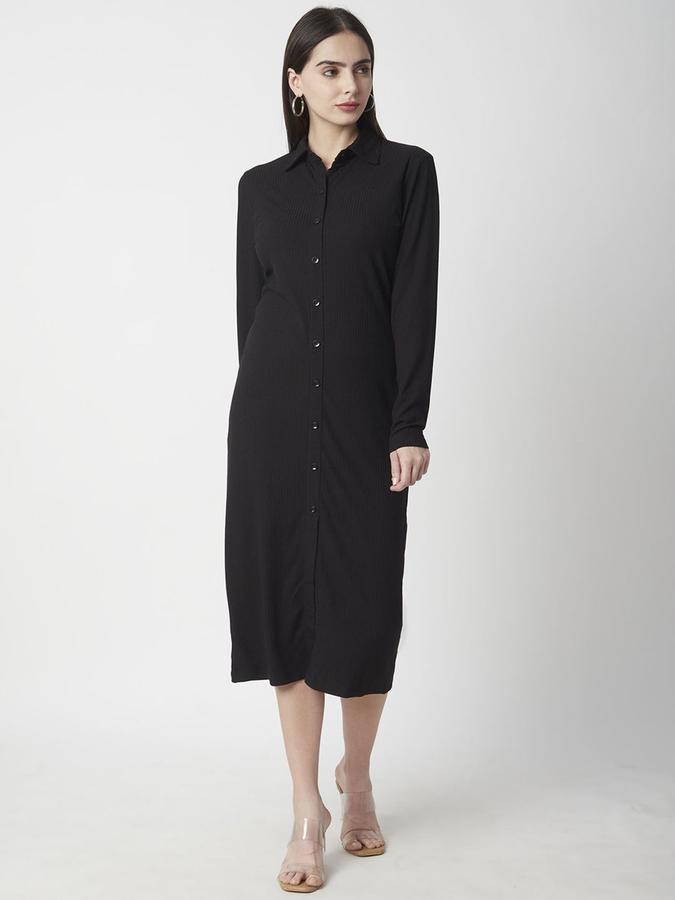 R&B Women Black Solid Long Sleeves Shirt Collar Midi Shirt Dress