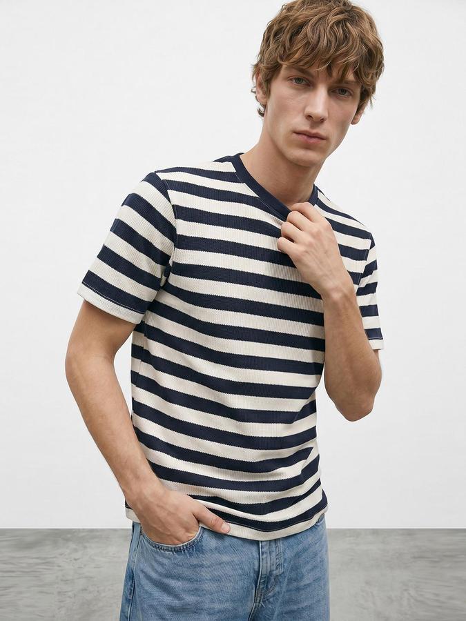 R&B Navy Blue Men Striped Short Sleeves Tshirt