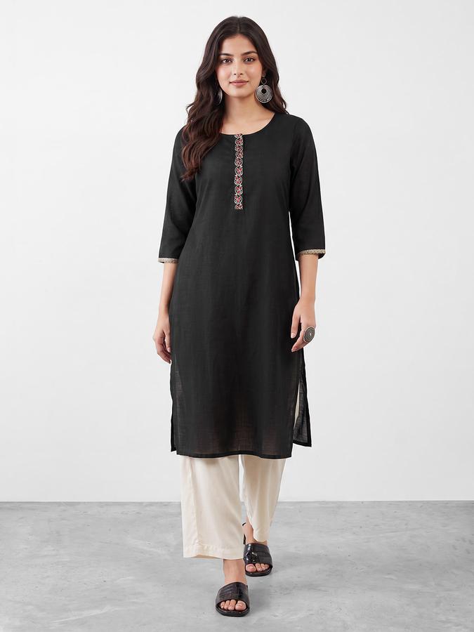 R&B Womens Black Three-Quarter Sleeves Round Neck Floral Embroidery Straight Kurta