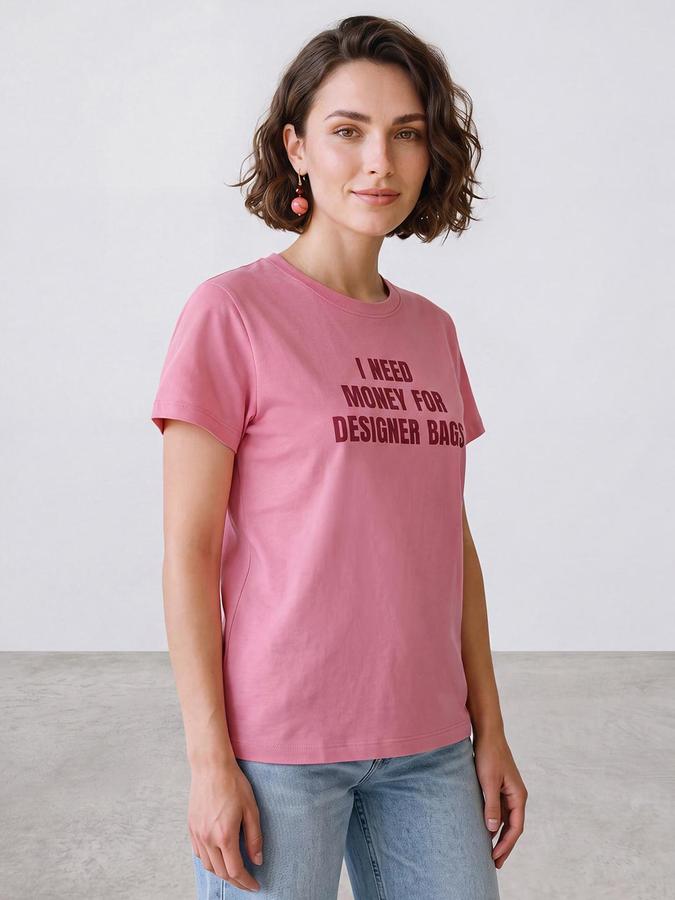 R&B Women Pink Short Sleeve Round Neck Typography Graphic Print T-Shirt