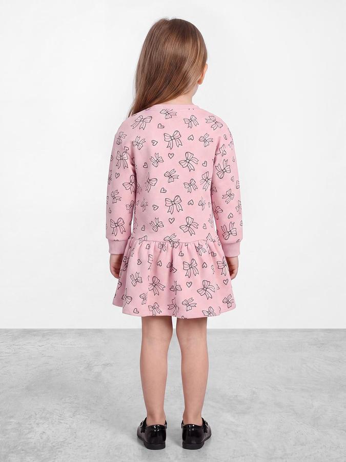 R&B Girls Light Pink Bow Printed Round Neck Cuffed Sleeves Drop Waist Dress