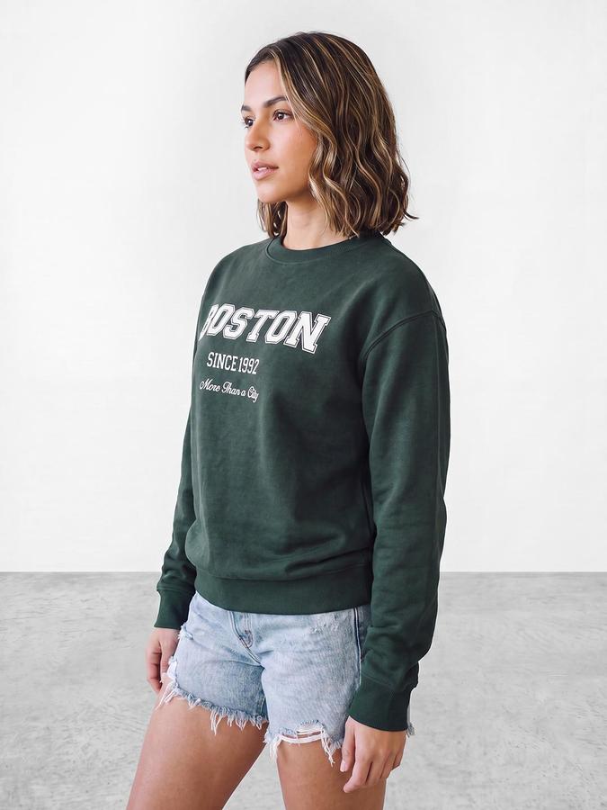 R&B Women Pine Green Graphic Print Round Neck Long Sleeves Sweatshirt