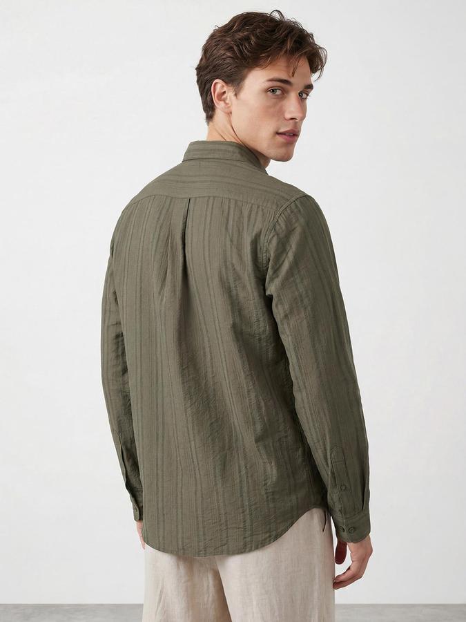 R&B Men Olive Button Down Long Sleeves Striped Shirt