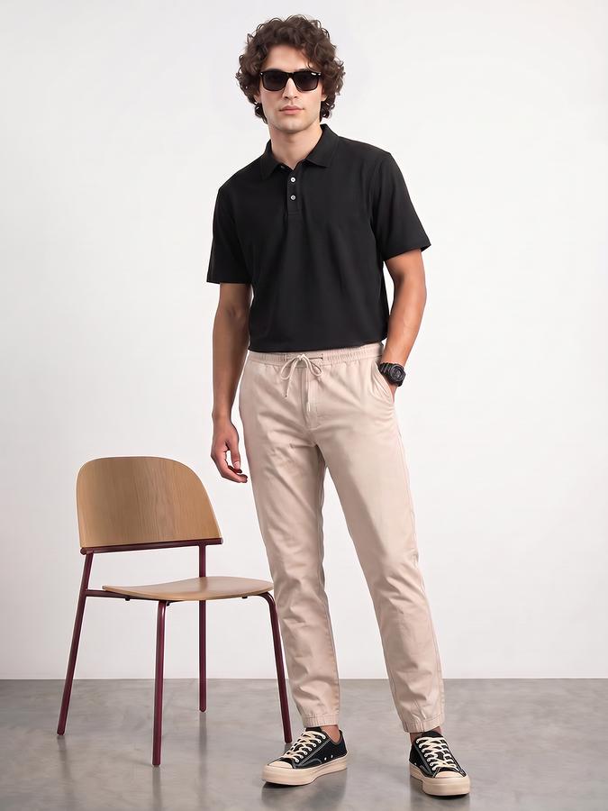 R&B Mens Beige Slim Fit Solid Mid Rise Trousers