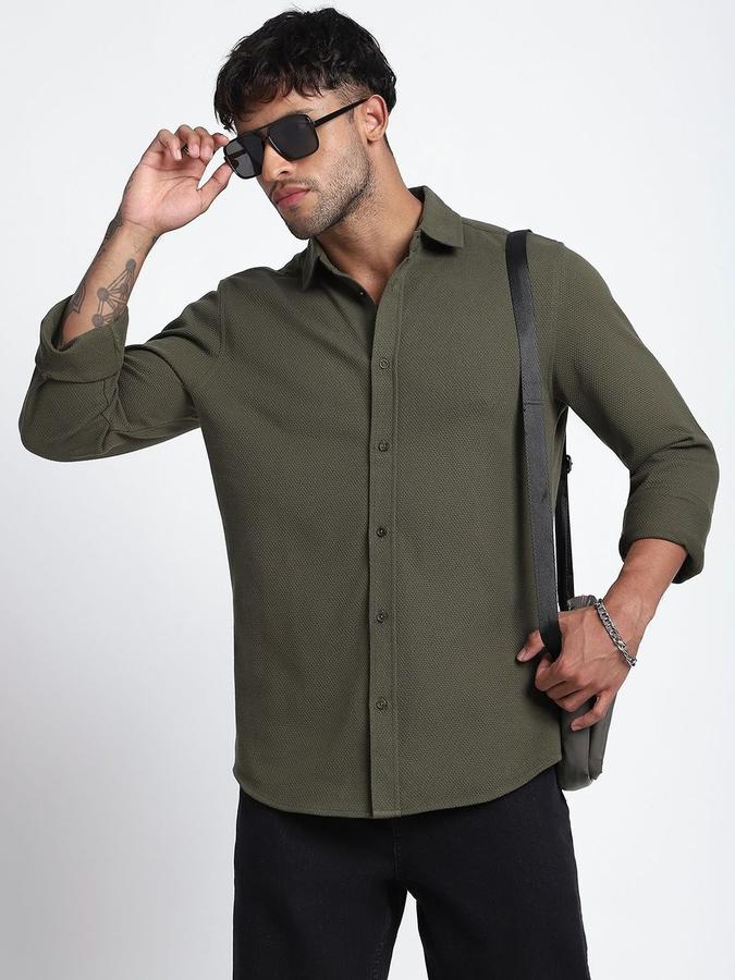 R&B Men Olive Solid Long Sleeves Shirt 