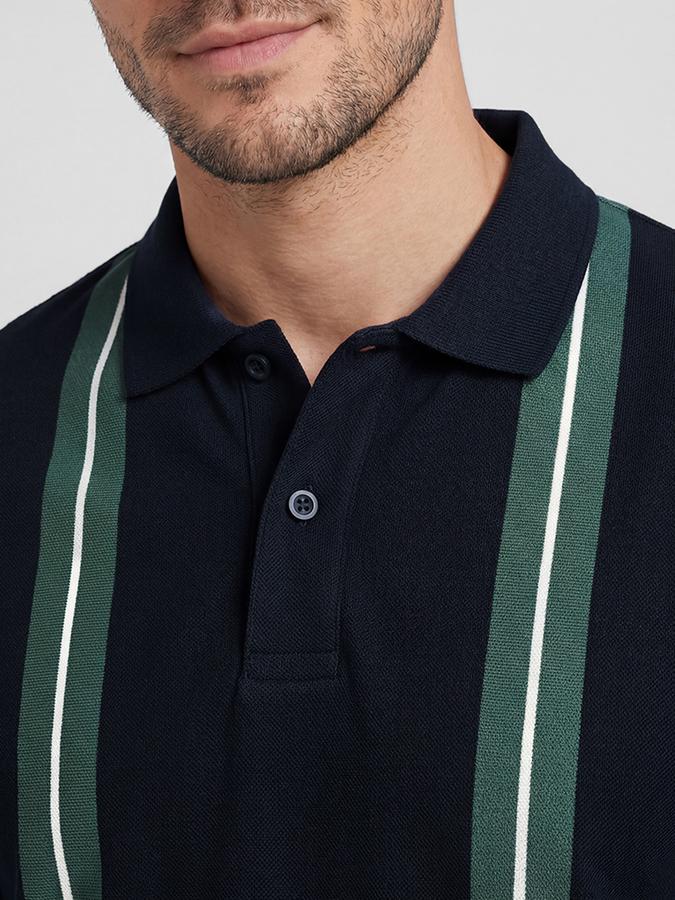 R&B Navy Blue Striped Men Polo Collar Regular Fit Short Sleeves T-Shirt 