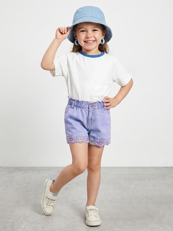 R&B Girls Blue Embroidered Mid Rise Pure Cotton Denim Shorts