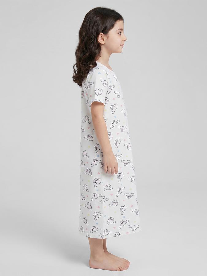 R&B White Printed Short Sleeves Round Neck Maxi Girls T-shirt Nightdress