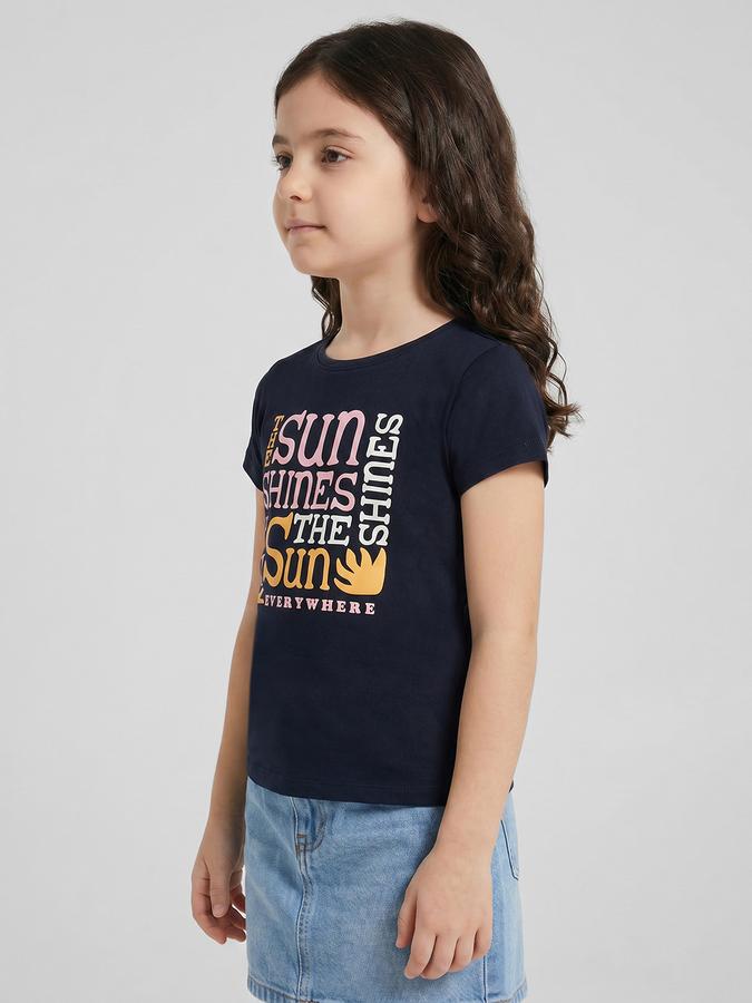 R&B Navy Blue Graphic Print Girls Round Neck Regular Fit Short Sleeves T-Shirt 