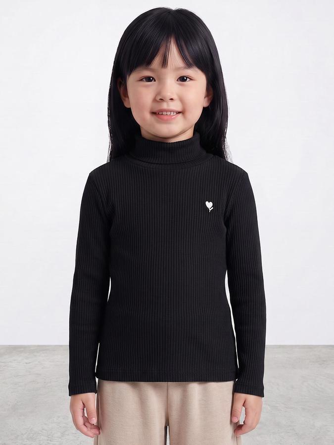 R&B Girls Black Textured Long Sleeves High Neck Ribbed T-Shirt