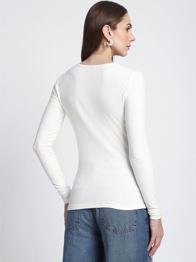 R&B Womens Ivory Self Design V-Neck Long Sleeves T-shirt