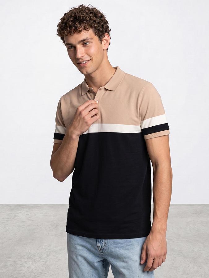 R&B Men Beige Striped Short Sleeves Polo Collar Pure Cotton T-Shirt