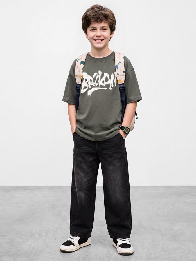 R&B Boys Olive Typography Print Short Sleeves Round Neck Pure Cotton T-Shirt