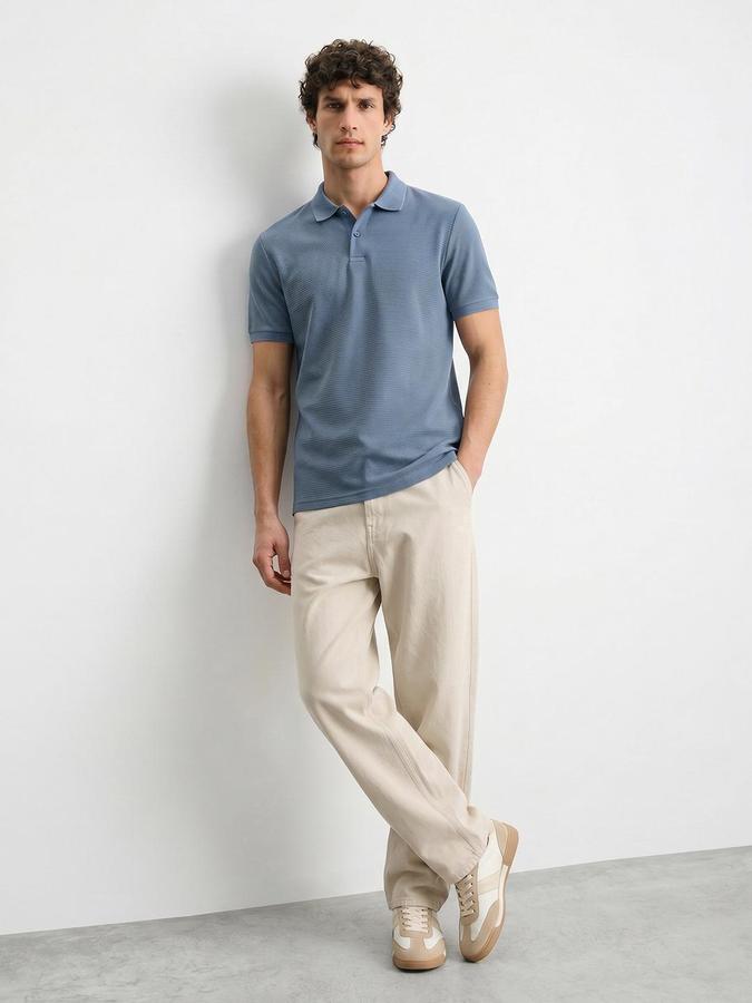 R&B Blue Men Textured Short Sleeves Tshirt