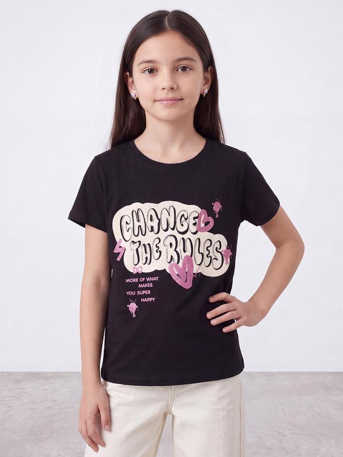 R&B Girls Black Graphic Print Short Sleeves Round Neck Pure Cotton T-Shirt