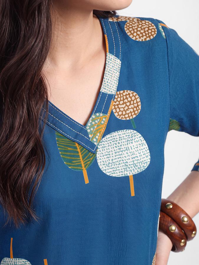 R&B Womens Teal Blue Three-Quarter Sleeves V Neck Floral Printed Straight Kurta