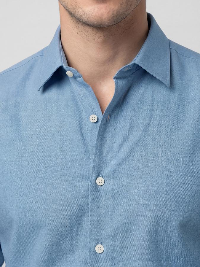 R&B Light Blue Solid Men Spread Collar Long Sleeves Shirt